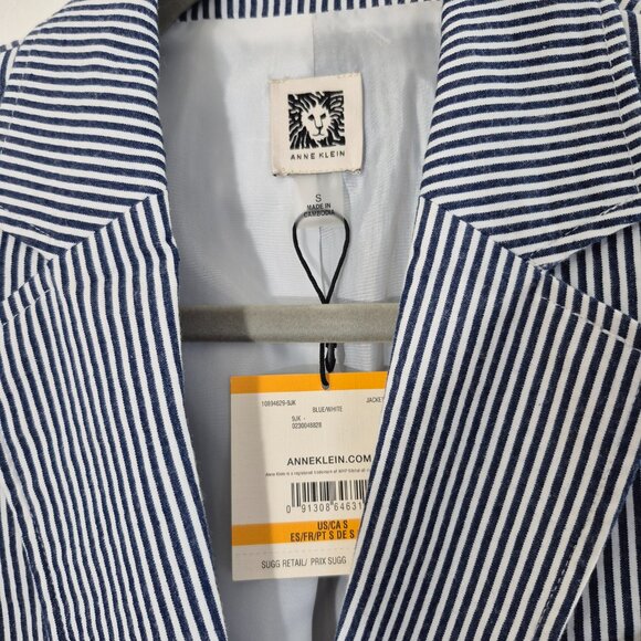 Anne Klein Women’s Blazer Size S Blue White Pinstripe 98% Cotton Single Button - Picture 5 of 15